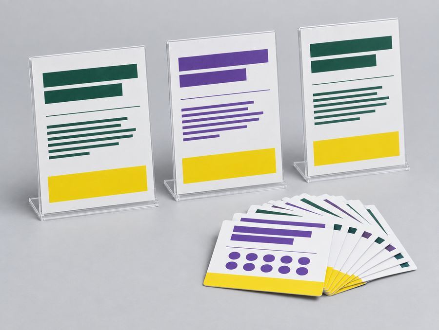 Shelf cards in acrylic stands beside a fan of punch cards.