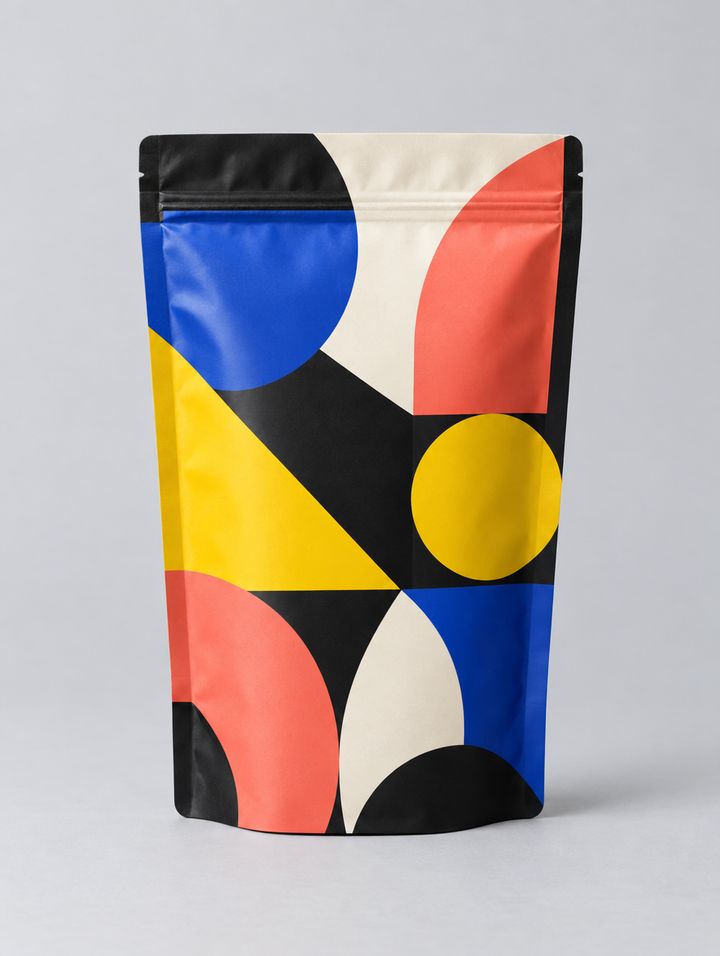 A black pouch with a full geometric printed front panel.