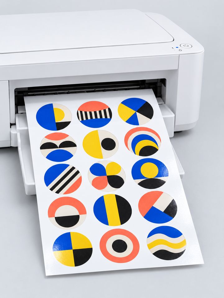 A sheet of round geometric stickers coming out of a desktop printer.