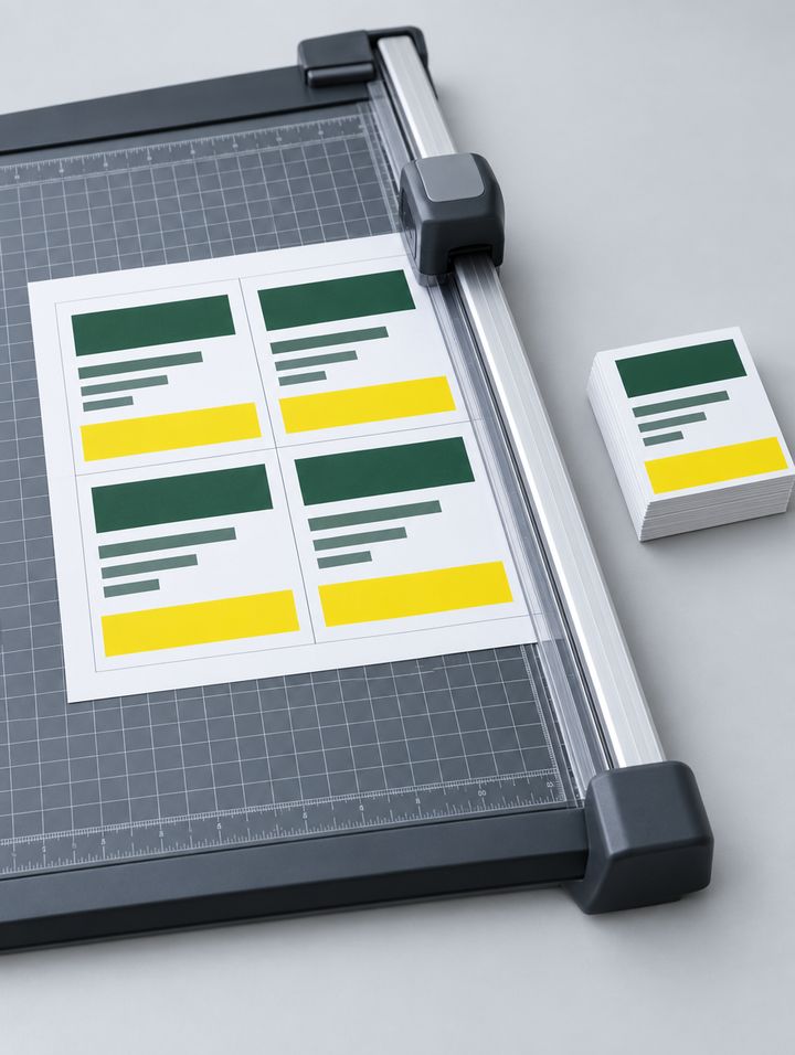 A paper trimmer cutting a sheet of four shelf cards.