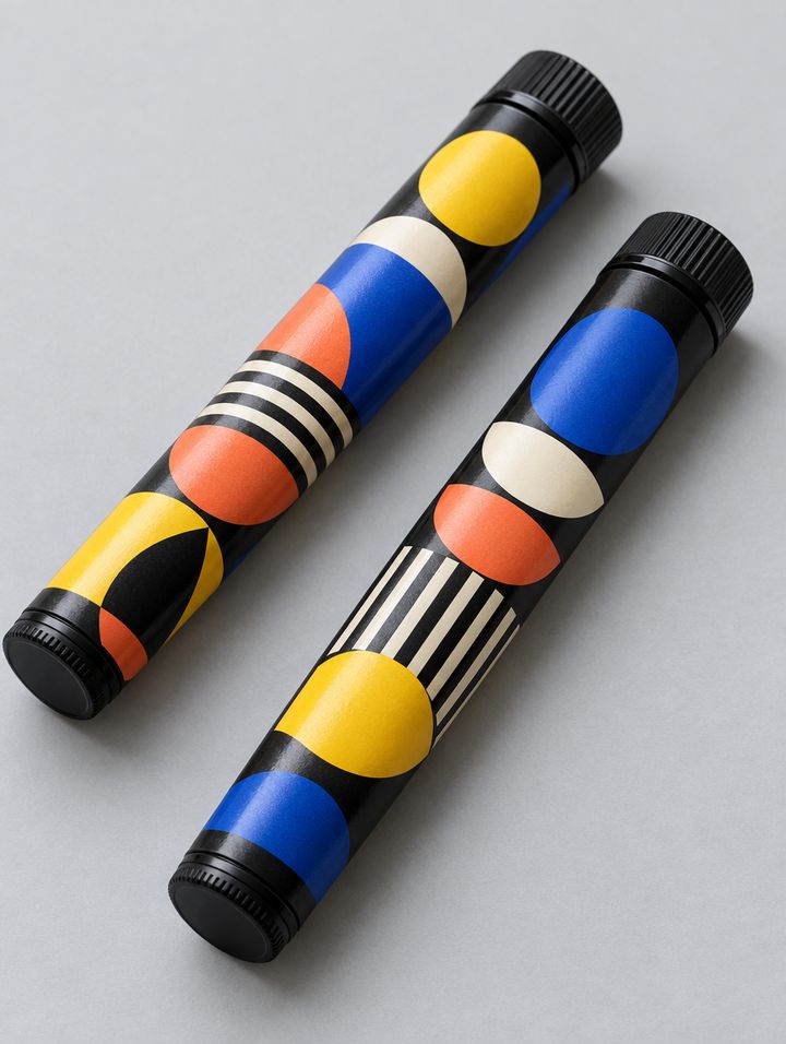 Two pre-roll tubes wrapped in bold geometric labels.